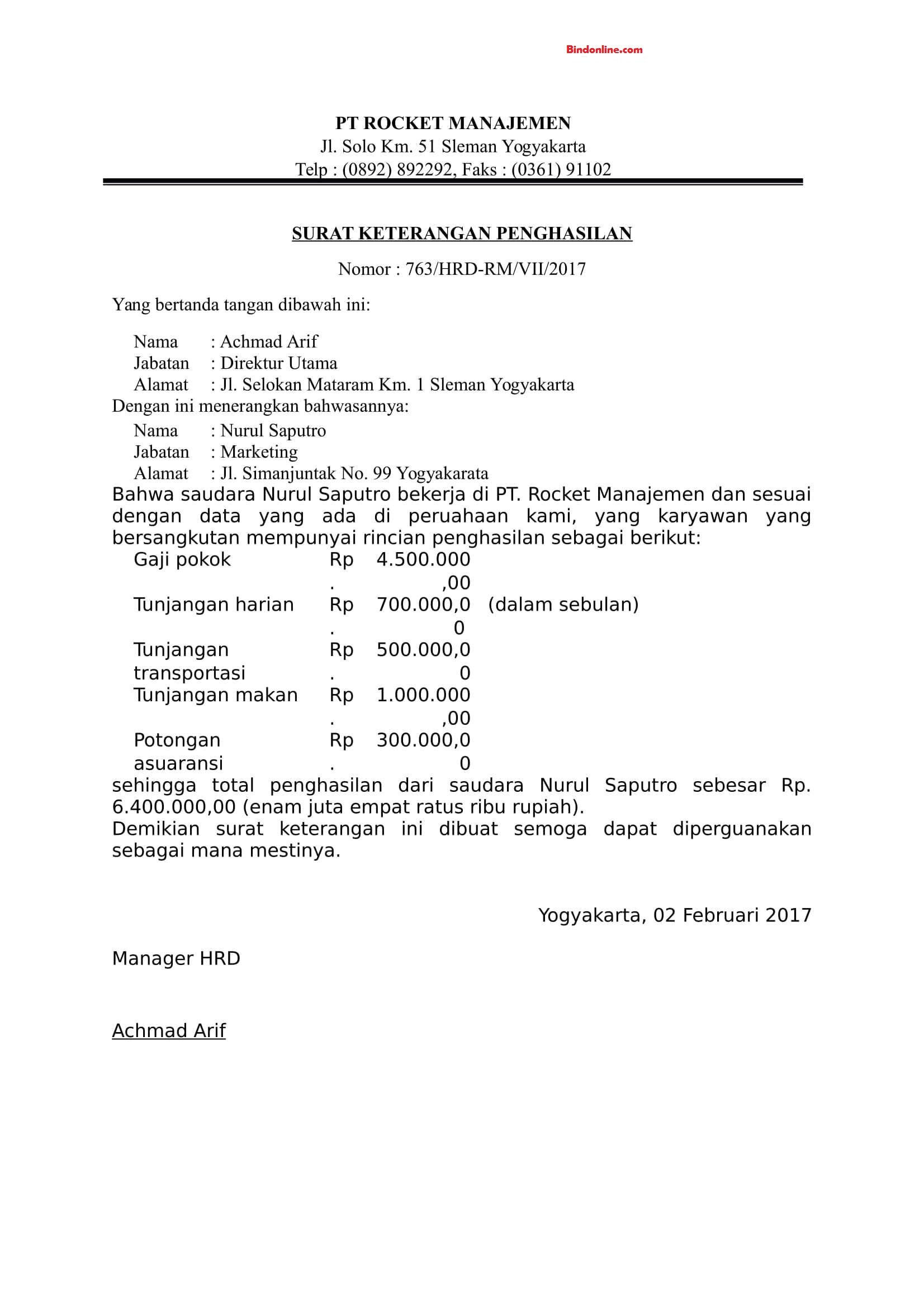 surat keterangan penghasilan kerja