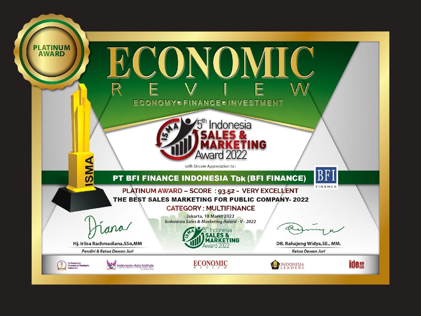 BFI Finance Wins a Title in Indonesia Sales Marketing Award 2022 by Economic Review